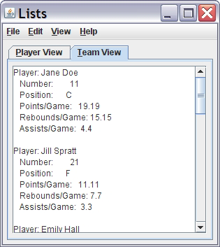Lists window with tabs showing Team View